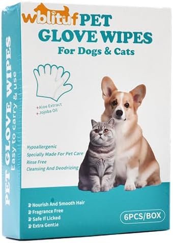 Pet Cleaning Glove Wipes 6 Count | Individually Wrapped Disposable Grooming Glove Wipes with Aloe & Jojoba Oil, Waterless No-Rinse Odor Control, Lick-Safe Five-Finger Design for Dogs&Cats