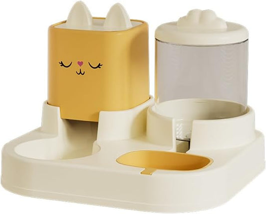 Cat-Themed Automatic Pet Feeder and Water Dispenser Set, Food Bowl with Storage Container, 12.59 x 11.22 inch Base, Yellow and White