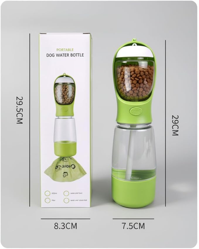 3-in-1 Dog & Cat Water Bottle Portable with Food Container & Poop Bag Holder - BPA Free Travel Pet Dispenser, Leak-Proof Design, Includes 60 Waste Bags, 400ml, Green