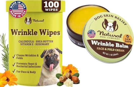 Natural Dog Wrinkle Wipes & Balm Bundle, Dog Cleaner Wipes 100ct + Moisturizing Balm for Itchy Skin 1oz Tin, Hypoallergenic, Lick-Safe, Bulldog Wrinkle Care for Face, Paws & Folds