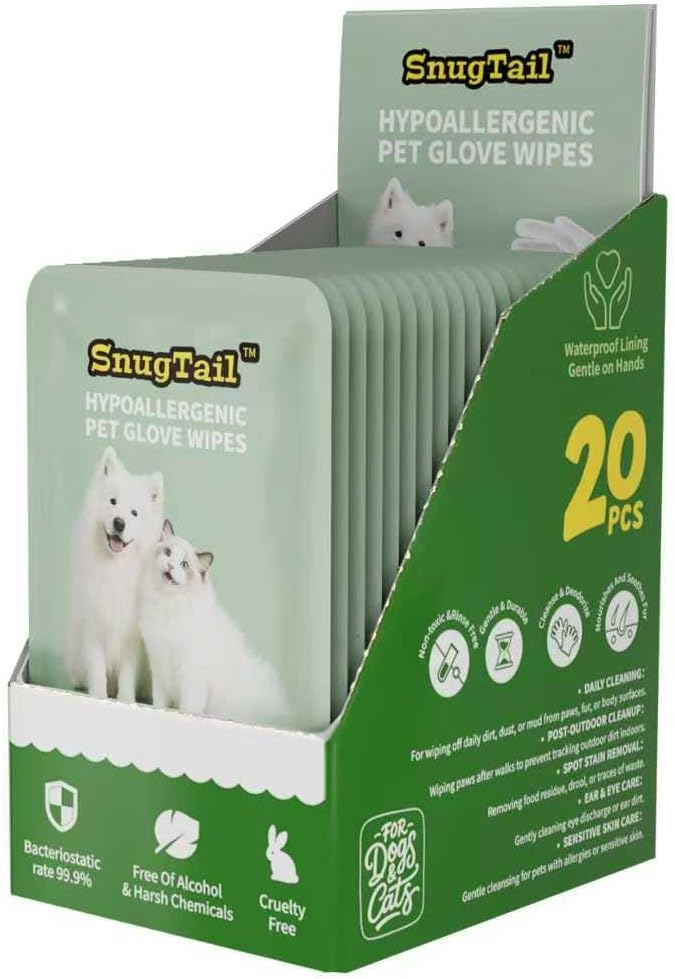Pet Glove Wipes for Dogs & Cats,Shedding Control, Dander Removal & Paw Cleaning, Travel Essentials for Pets(20 Individual Pack)