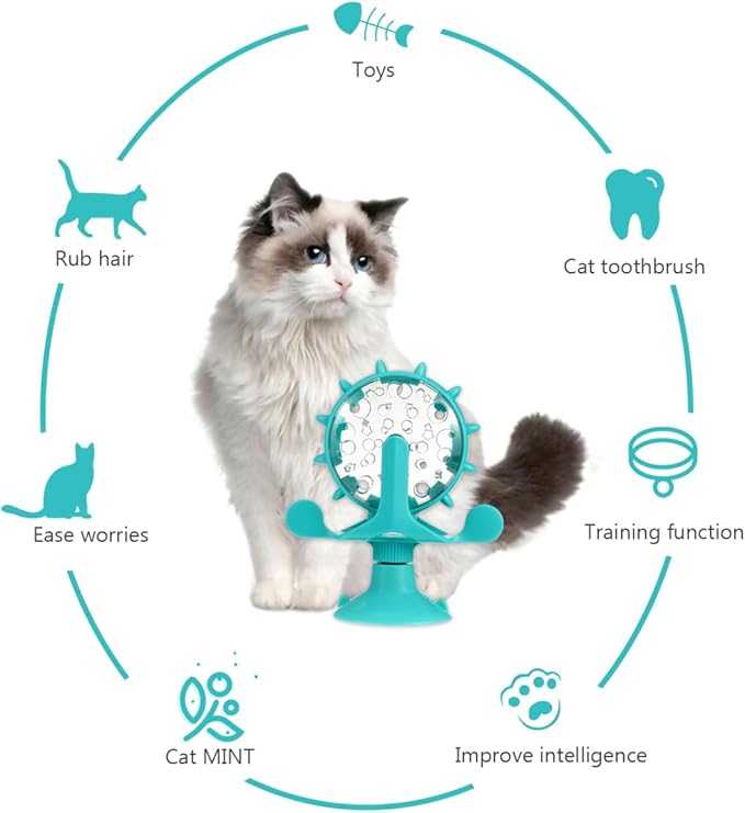 Ipetboom Interactive Pets Treats Dispenser Toy: 360 Degree Rotating Windmill Puzzle Toys for Small Cat & Dog Exercise - Window Ferris Wheel Feeder with Suction Cup for Puppies, Blue