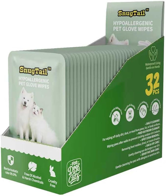 Pet Glove Wipes for Dogs & Cats,Shedding Control, Dander Removal & Paw Cleaning, Travel Essentials for Pets(32 Individual Pack)