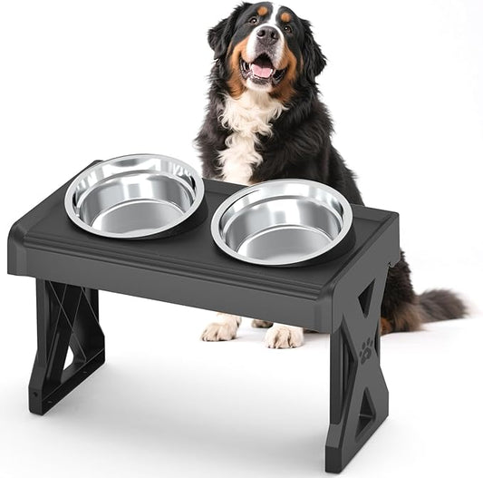 Adjustable Elevated Dog Bowl, 3-Height Stand (2.8, 8.1, 12.2 inch) for Large/Small Dogs, 2 Stainless Steel Bowls, Foldable & Portable Raised Feeder for Travel, Joint Care
