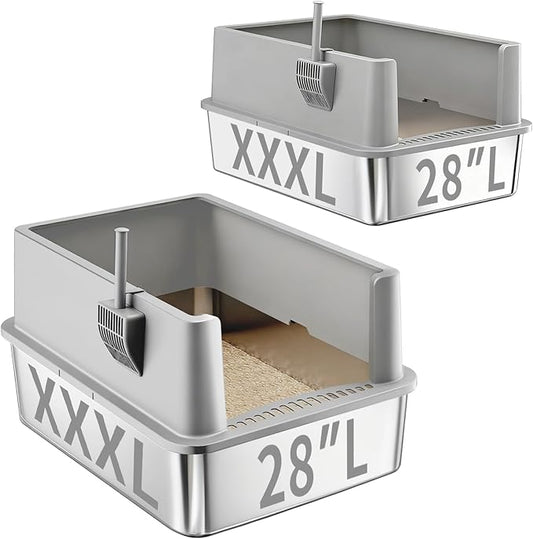 2 Pack 28" Extra Large XXL Stainless Steel Cat Litter Boxes with Lid Metal Cat Litterbox Pan for Big Cats and Multiple Cats, Anti-Leakage, Easy Cleaning, Include Scoop