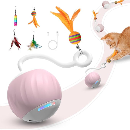 Interactive Cat Toys Ball - Electric Automatic Toys for Indoor cats, LED Lights and Toys Feather Tail with Sound Activated and Touch, USB Rechargeable, 2peeds Mode for Bored Kittens/Adult Cats/Ferret