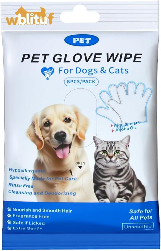 Pet Cleaning Gloves (6 Count) | Extra Thick Disposable Grooming Gloves with Aloe & Jojoba Oil, Waterless No-Rinse Odor Control, Lick-Safe Five-Finger Design for Cats & Dogs