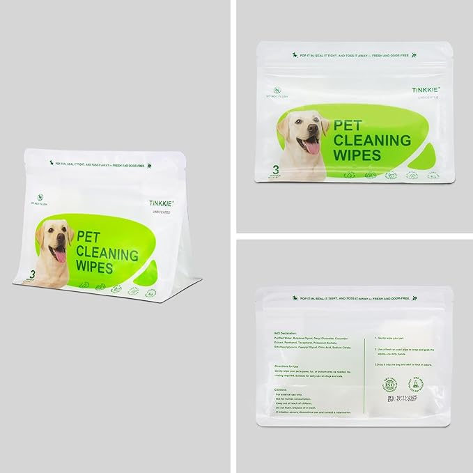Pet Wipes for Dogs & Cats, Individually Wrapped Dog & Cat Wipes for Paws, Face & Body, Alcohol-Free Pet Grooming Wipes, 8"×8", 60 Count (20 Travel Packs)