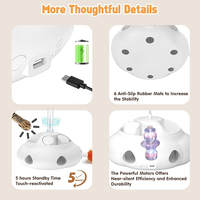 Crazydeer Interactive Cat Toys for Indoor Cats, 4in1 Pet Teaser Toy with Ambush Feather Wand, Motorized Fluttering Butterfly and Slow Feeder, Rechargeable Power Treat Puzzle Toys(White)