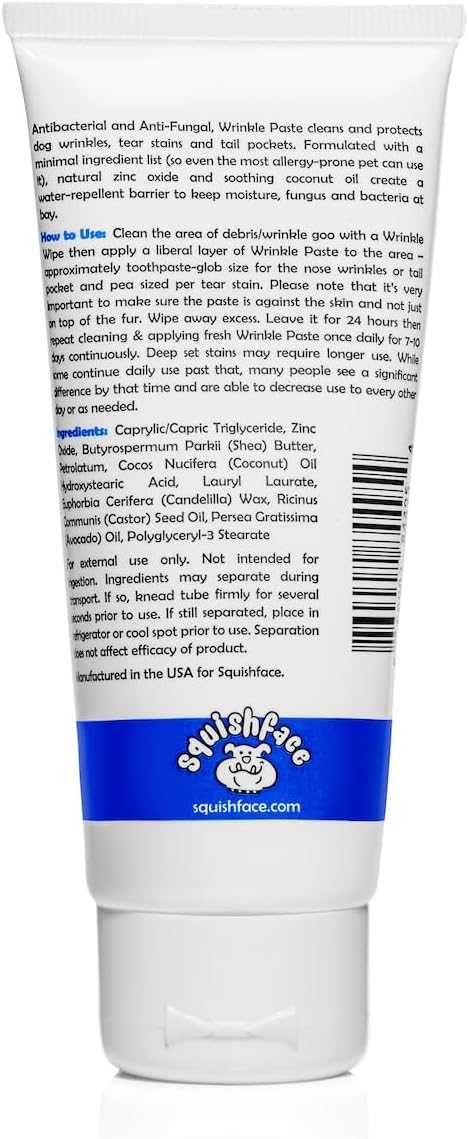 Squishface Wrinkle Paste (2oz) & 5x7 Wipes Bundle - Clean Wrinkles, Tear Stains, Tail Pockets, Paws – Anti-Itch, Deodorizing - Great for English Bulldogs, Pugs, Frenchies, French Bulldogs & Any Breed