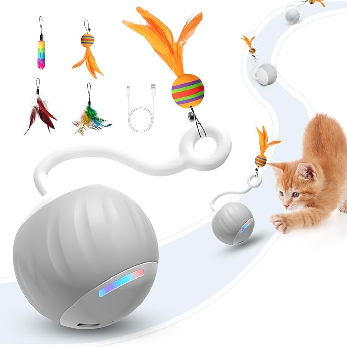 Interactive Cat Toys Ball - Electric Automatic Toys for Indoor cats, LED Lights and Toys Feather Tail with Sound Activated and Touch, USB Rechargeable, 2peeds Mode for Bored Kittens/Adult Cats/Ferret