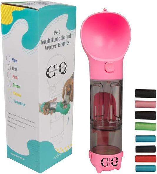 Dog Water Bottle Cup Bag - Portable Dispenser Bottles and Bowl Food for Dogs - Travel Container Pet - Small Dog Poop Bags Roll - 4 in 1-8 Rolls Puppy Poop Bags