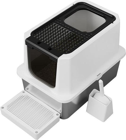 RIZZARI Stainless Steel Litter Box: Leakproof Enclosed Design - Black 23.8" L*15.9" W*16.1" H - Jumbo Size Odor Control for Cats Under 20 lbs - Bathroom Living Room