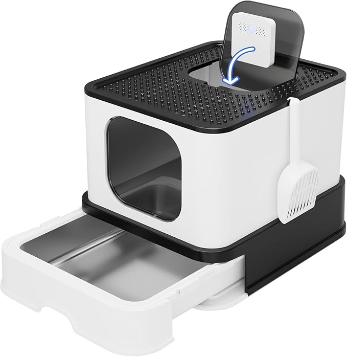 RIZZARI Stainless Steel Litter Box: Extra Large Design Prevents Leaks - Black Enclosed Cat Pan - with Deodorizer for Cats Under 25 lbs - Bathroom Balcony Use