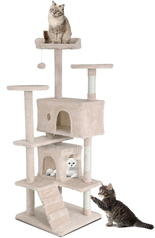 54" Cat Tree for Indoor Cats - Multi-Level Cat Tower with Scratching Posts, Jumping Platforms, Spacious Condo, Cat Bed Cave & Hidden Spaces - Durable Cat Furniture - Beige