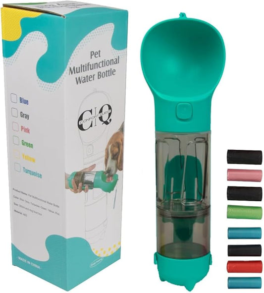 Dog Water Bottle Cup Bag - Portable Dispenser Bottles and Bowl Food for Dogs - Travel Container Pet - Small Dog Poop Bags Roll - 4 in 1-8 Rolls Puppy Poop Bags