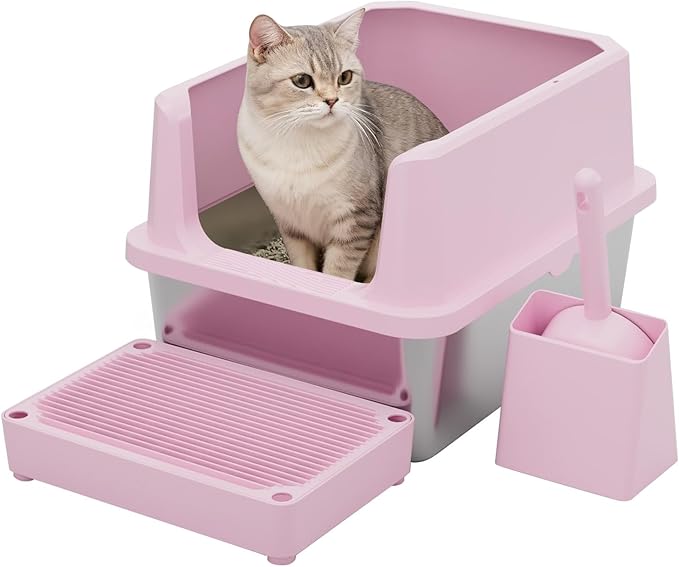RIZZARI Cat Litter Box Large: Pink Stainless Steel Leakproof Open Top Tray for Odor Control Bathroom Balcony Use - Multi-Cat Household Solution