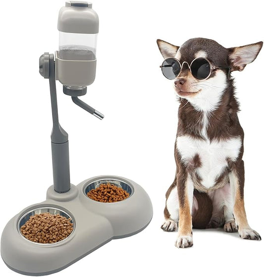 Fhiny Dog Water Feeder Bottle with Stand, Double Bowl Adjustable Automatic Dispenser Water Food for Kennel Leak-Proof No-Drip Pet Slow Water Bottle for Indoor Puppy Durable Drinker (Grey, 29 oz)