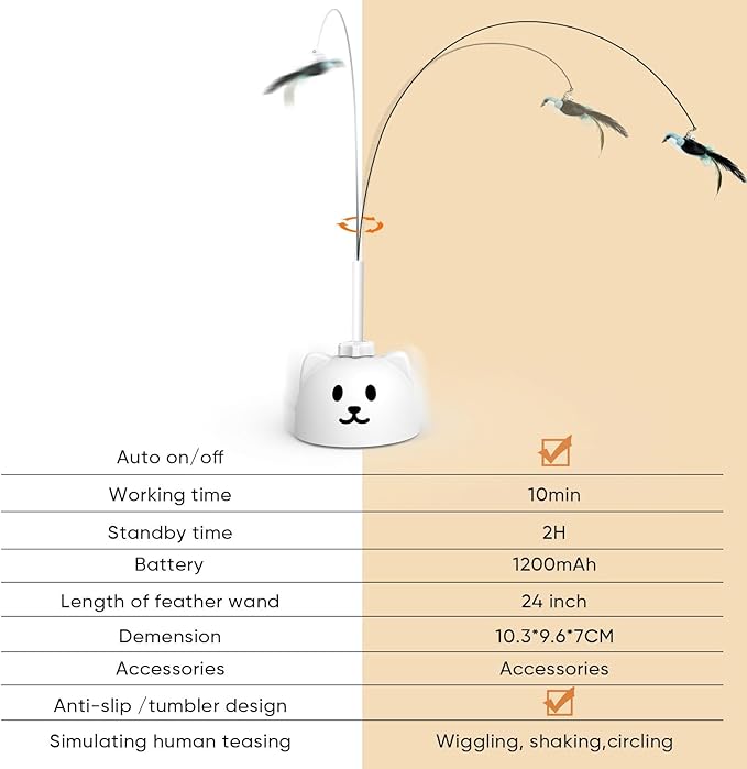 CATPICK Interactive Cat Toys for Indoor Cats - Automatic Flying Bird Feather Toy, USB Rechargeable Electric Cat Teaser with Strong Sticky Base, Smart Motion Self-Play Toy for Bored Cats(Yellow)