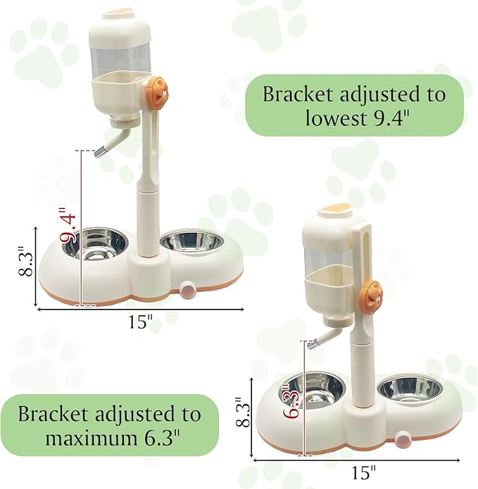 Fhiny Dog Water Feeder Bottle with Stand, Double Bowl Adjustable Automatic Dispenser Water Food for Kennel Leak-Proof No-Drip Pet Slow Water Bottle for Indoor Puppy Durable Drinker (White, 29 oz)