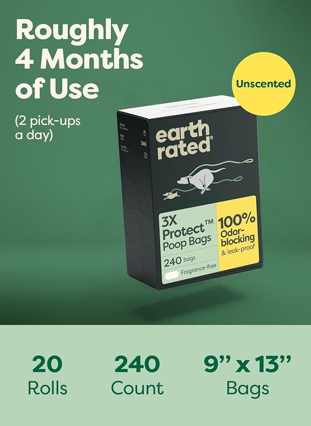 Earth Rated Odor-Blocking Poop Bags for Dogs with 3X Protect, Guaranteed to Block Smells & Leak-Proof Performance, Conceals Smell & Mess, Unscented, 240 Count