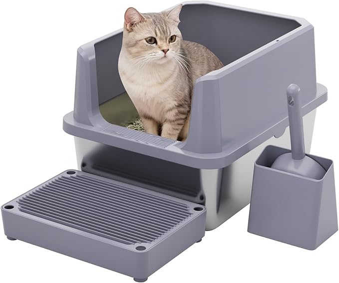 RIZZARI Cat Litter Box Large: Gray Stainless Steel Leakproof Open Top Tray for Odor Control - Bathroom Balcony Use - Multi-Cat Household Solution