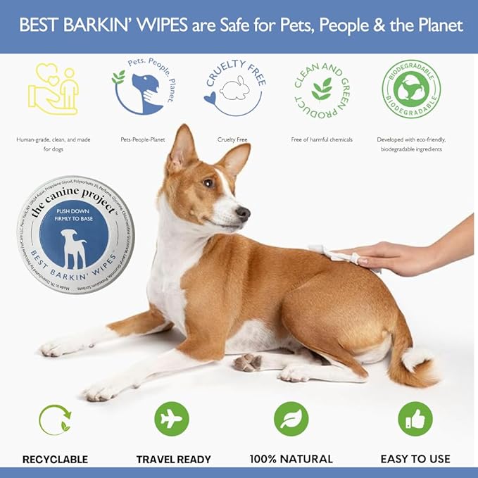 Best BARKIN' Wipes with Free Mesh Bag - Dog Wipes for Paws Ears and Butt - Micellar Aloe Scented Travel Friendly Puppy Wipes (12-Pack)