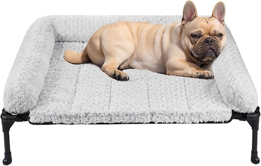 Veehoo Cooling Elevated Dog Bed Add Removable Deluxe Rose Plush Bolster Cushion Mat, 35" x 22" Washable Dog Couch Bed, Raised Pet Cot with Breathable Teslin Mesh, No-Slip Feet, Grey, CWC2439B