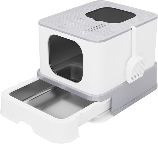 RIZZARI Stainless Steel Litter Box: Extra Large Design Prevents Leaks - Light Gray Enclosed Cat Pan - Odors Control for Cats Under 25 lbs - Bathroom Living Room Use