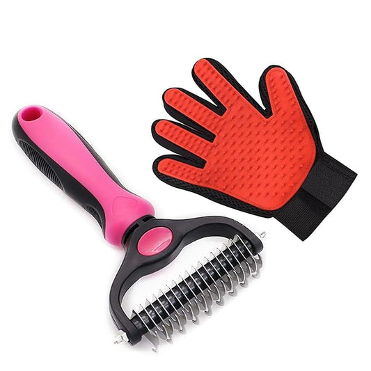 2-Piece Cat and Dog Grooming Set with a pair of grooming gloves and a shedding brush for shedding, bathing, brushing, removing undercoat and reducing shedding easily (Red)