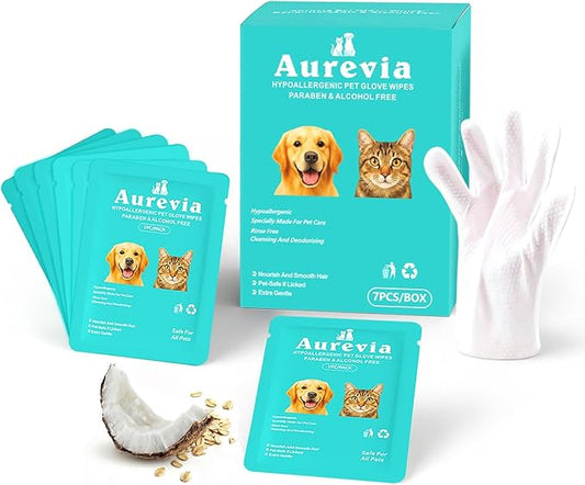 Hypoallergenic Pet Grooming Glove Wipes for Dogs & Cats | Coconut & Oat Extract | Cleaning, Deodorizing & Nourishing Disposable Bathing Wipes for Sensitive Skin & Coat Care (7 PCS)