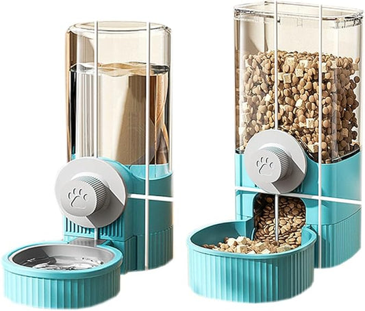 Cage Hanging Bowl Refillable Food and Water Bowls for Dog and Cat - Kennel Crate Double Bowls with Automatic Food Dispense Feeder - Blue