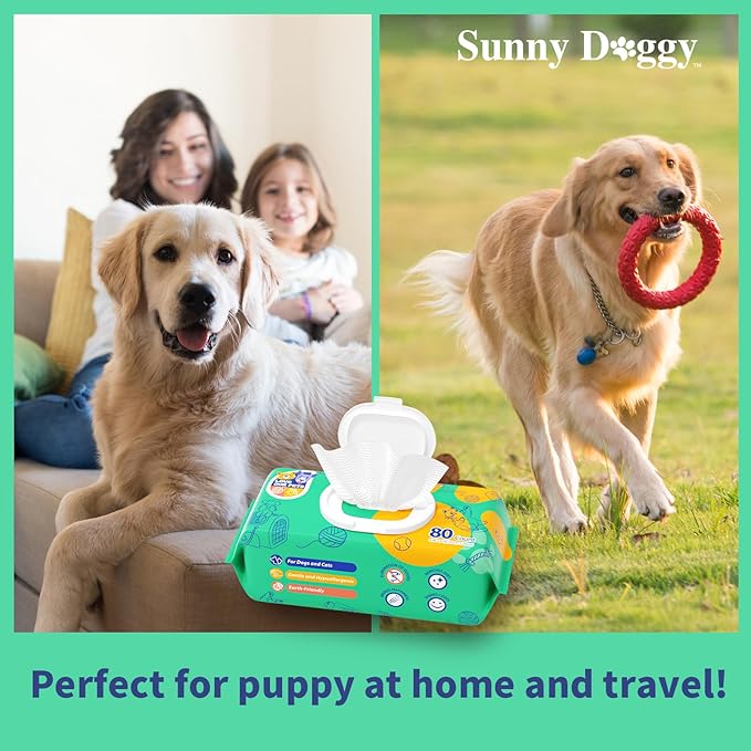 Pet Wipes 80 Count, Dog Wipes Cleaning Deodorizing Cat Wipes, 8 x 8 Inch Dog Grooming Wipes for Butt Paws Ear Eyes and Body