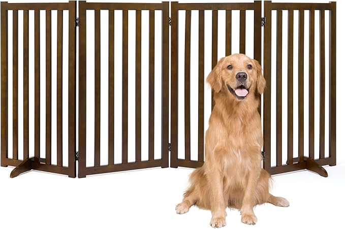 36" Height Extra Tall Freestanding Pet Gate, Solid Wood Folding Safety Fence Wooden Dog Gate with 2 PCs Support Feet Ideal for Stairs, Doorways, Halls, Kitchens, Heavy Duty Gates, 4 Panels, Walnut