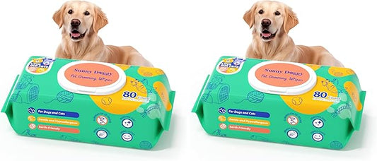 Pet Wipes 80 Count, Dog Wipes Cleaning Deodorizing Cat Wipes, 8 x 8 Inch Dog Grooming Wipes for Butt Paws Ear Eyes and Body (Pack of 2)