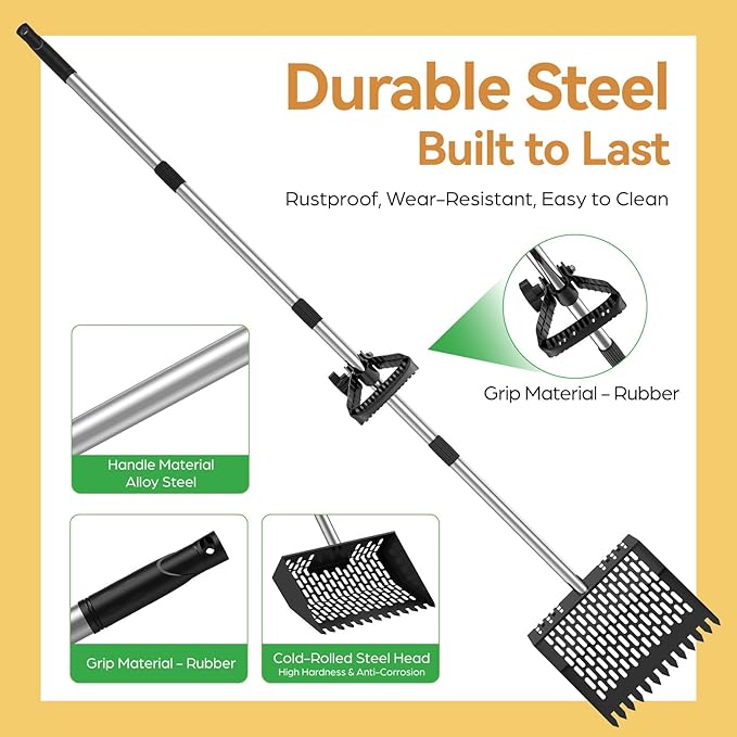 Chicken Poop Scooper for Sand 2-in-1, Heavy Duty Chicken Scooper for Poop with 35" to 65" Stainless Steel Handle, Chicken Coop Scooper Rake, Litter Scooper Sand Sifting Shovel for Chicken Coops & Pet