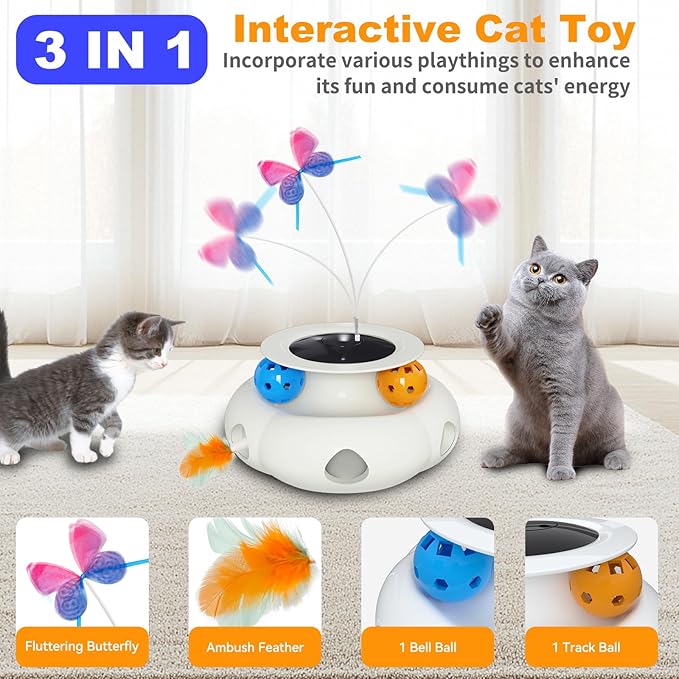 Interactive Cat Toys for Indoor Cats, 3in1 Rechargeable Pet Teaser Toy with Ambush Feather Wand, Fluttering Butterfly and Track Balls, Touch Activated Automatic Kitten Toys with Remote Control
