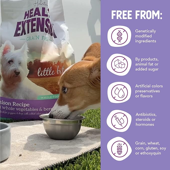Health Extension Grain Free Venison & Sweet Potato Little Bites Small Kibble Formula with 30+ Superfoods Lean Protein, and Probiotics for Teacups, Toys & Miniature Dogs (12lb)