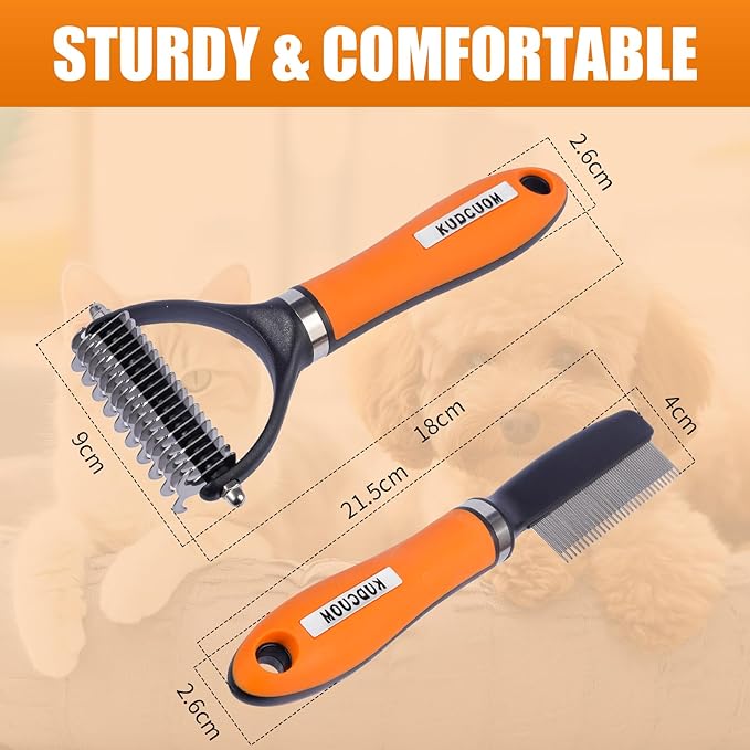 Pet Grooming Combo, featuring a Deshedding Brush and Dematting Combs, is specifically tailored for long-haired dogs and cats with tangled hair