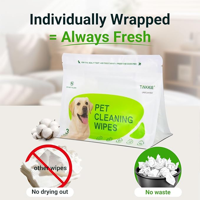 Pet Wipes for Dogs & Cats, Individually Wrapped Dog & Cat Wipes for Paws, Face & Body, Alcohol-Free Pet Grooming Wipes, 8"×8", 180 Count (60 Travel Packs)
