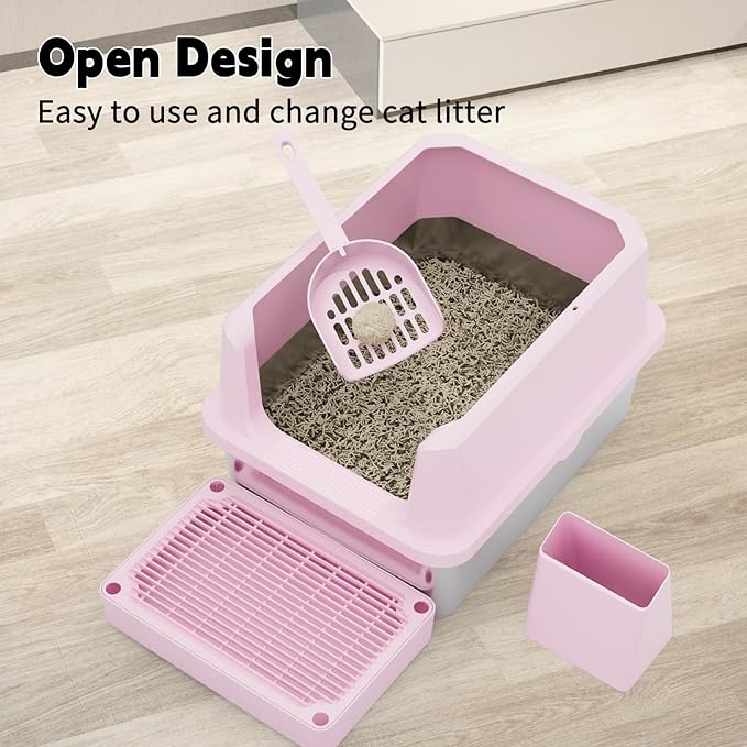 RIZZARI Cat Litter Box Large: Pink Stainless Steel Leakproof Open Top Tray for Odor Control Bathroom Balcony Use - Multi-Cat Household Solution