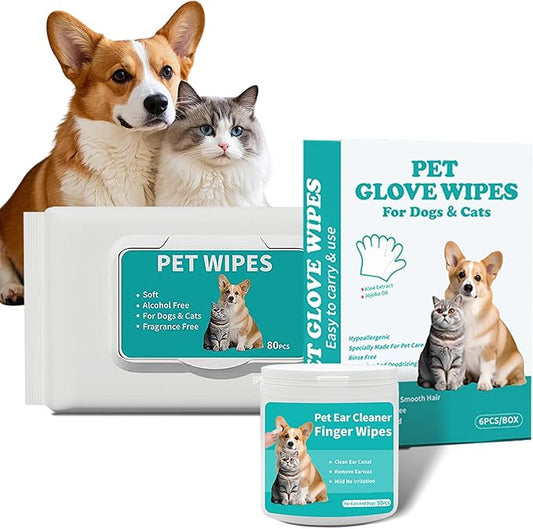 Pet Wipes 3-in-1 Kit for Dogs & Cats - Pet Cleaning Gloves, Ear Cleaner Finger Wipes & Body Wipes, Hypoallergenic Thickened Formula, Deodorizing & Rinse-Free for Grooming Travel