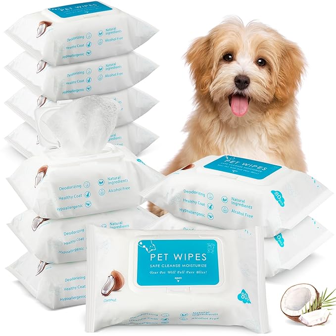 Treela 10 Packs of 800 Dog Wipes Pet Wipes Cat Grooming Supplies for Paws, Butt, Ear, Skin, Eye, Body Cleaning Bath Stain Odor Remover, Home or Travel Use(Coconut)