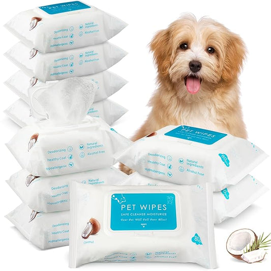 Treela 10 Packs of 800 Dog Wipes Pet Wipes Cat Grooming Supplies for Paws, Butt, Ear, Skin, Eye, Body Cleaning Bath Stain Odor Remover, Home or Travel Use(Coconut)