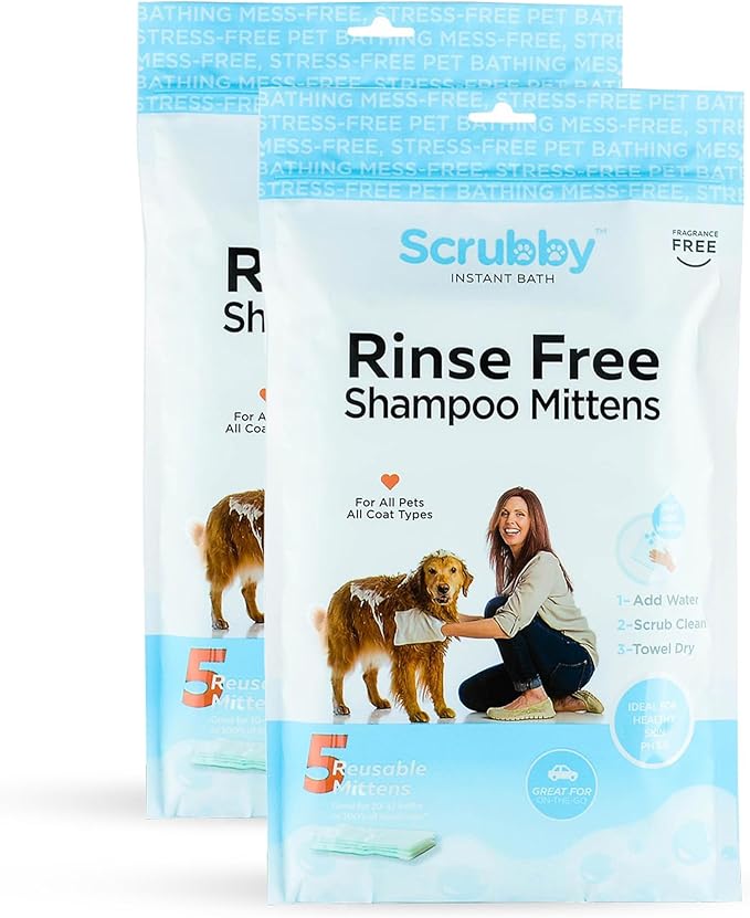 No Rinse Pet Wipes | Rinse Free Shampoo Mittens | Dogs & Cats | Bath Wipes - Bathing & Washing Pets, Hypoallergenic | No Rinse Wash Mitt | Grooming, Lather Wipe Dry - Pack of 10