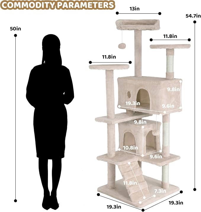 54" Cat Tree for Indoor Cats - Multi-Level Cat Tower with Scratching Posts, Jumping Platforms, Spacious Condo, Cat Bed Cave & Hidden Spaces - Durable Cat Furniture - Beige