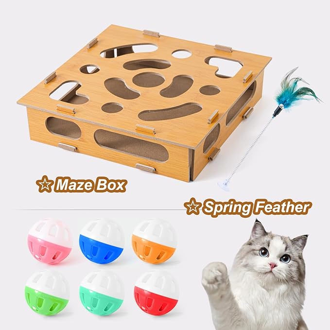 YAGUAN Cat Scratch Puzzle Enrichment Box,Cat Toy Box for Indoor,Cat Toy Box with 2 Balls & 1 Cats Teasers