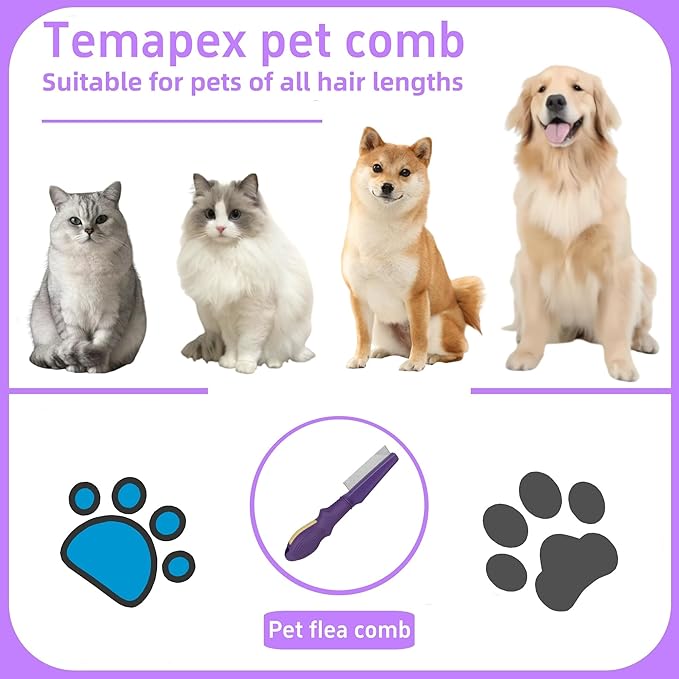 Pet Flea Comb for Dogs & Cats,Removes Tangles & Flea, Tear Stain Removal, Stainless Steel Metal Teeth, Non-slip & Anti-static Rubber Handle, Safe & Gentle Pet Grooming Comb