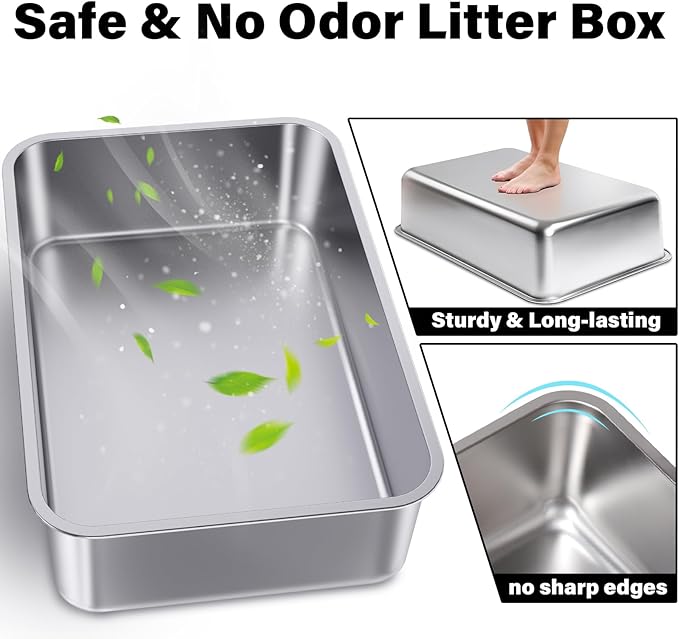 Stainless Steel Cat Litter Box Small,Cat Litter Box for Kitty/Rabbits Easy to Clean,Metal LitterBox for Kitty/Kitten or Bath Pan,Non Stick, No Smell,15.5" L x 11.7" W x 4" H