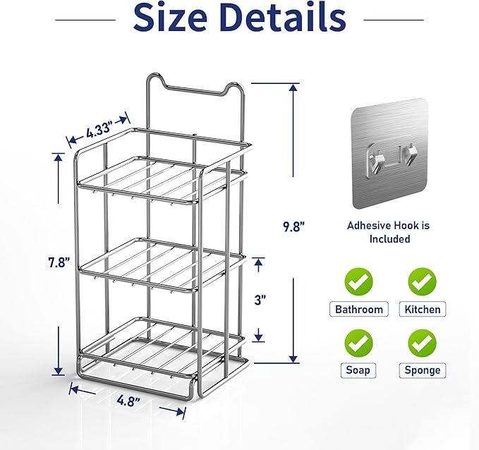 3 Tier Soap Bar Holder, 304 Stainless Steel Soap Dish for Bathroom, Removable Sponge Rack for Kitchen Sink (Silver)